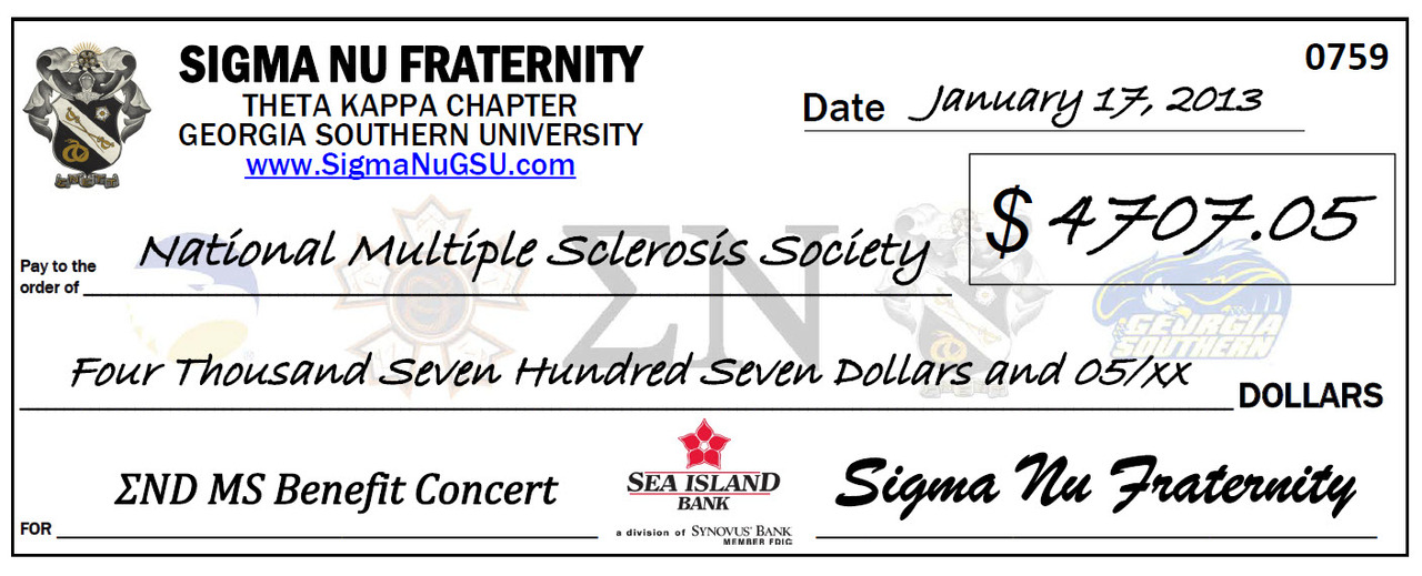 Sigma Nu Check to National Multiple Sclerosis Society, Georgia Chapter